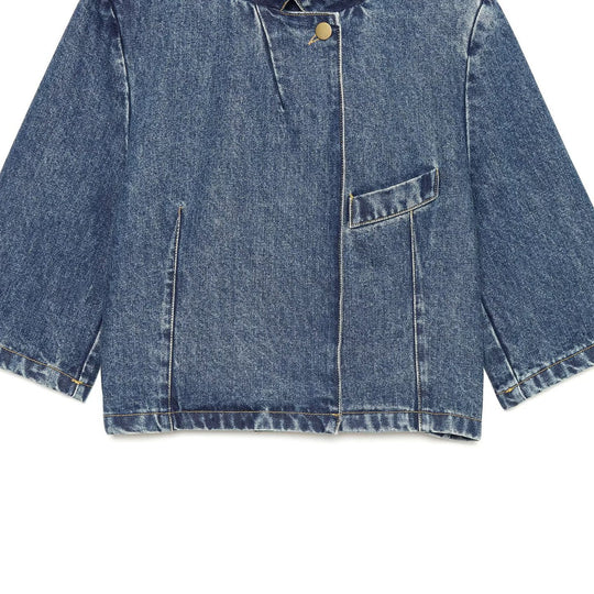 Damen Boxy Cropped Jeansjacke mit Stehkragen und dreiviertel Ärmeln Nord Taschen
