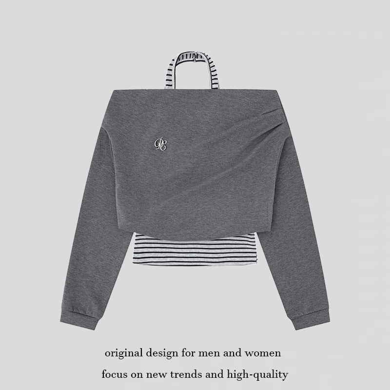 Damen Cropped Lagen-Hoodie mit integriertem Streifen-Untershirt, Kapuze und legerem Raglan-Schnitt Nord Taschen