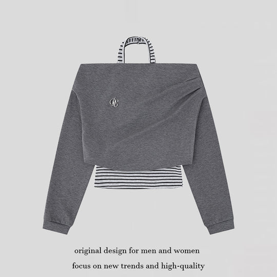 Damen Cropped Lagen-Hoodie mit integriertem Streifen-Untershirt, Kapuze und legerem Raglan-Schnitt Nord Taschen