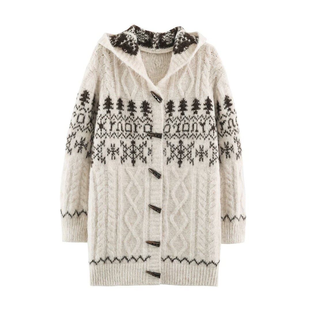 Damen Grobgestrickte Kapuzen‑Strickjacke mit Hornknöpfen und Norwegermuster Nord Taschen