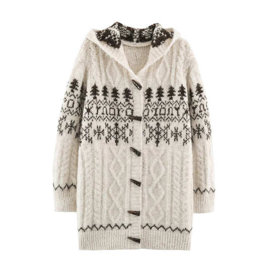 Damen Grobgestrickte Kapuzen‑Strickjacke mit Hornknöpfen und Norwegermuster Nord Taschen