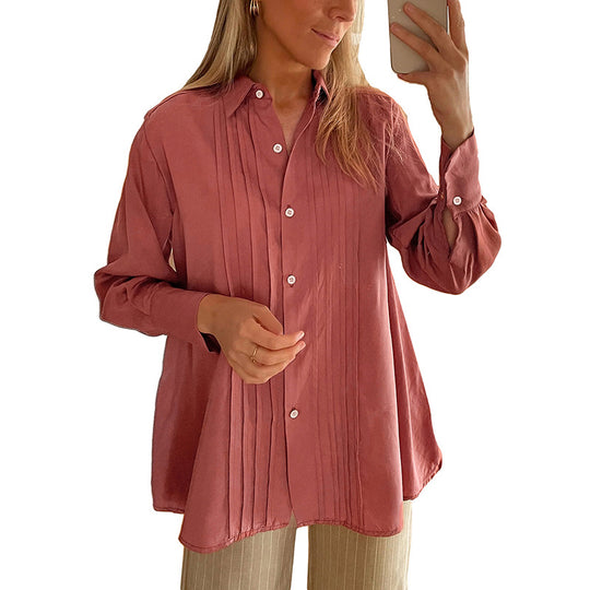 Damen Plissierte Tunika-Bluse mit Hemdkragen und lockerer A-Linien-Silhouette Nord Taschen