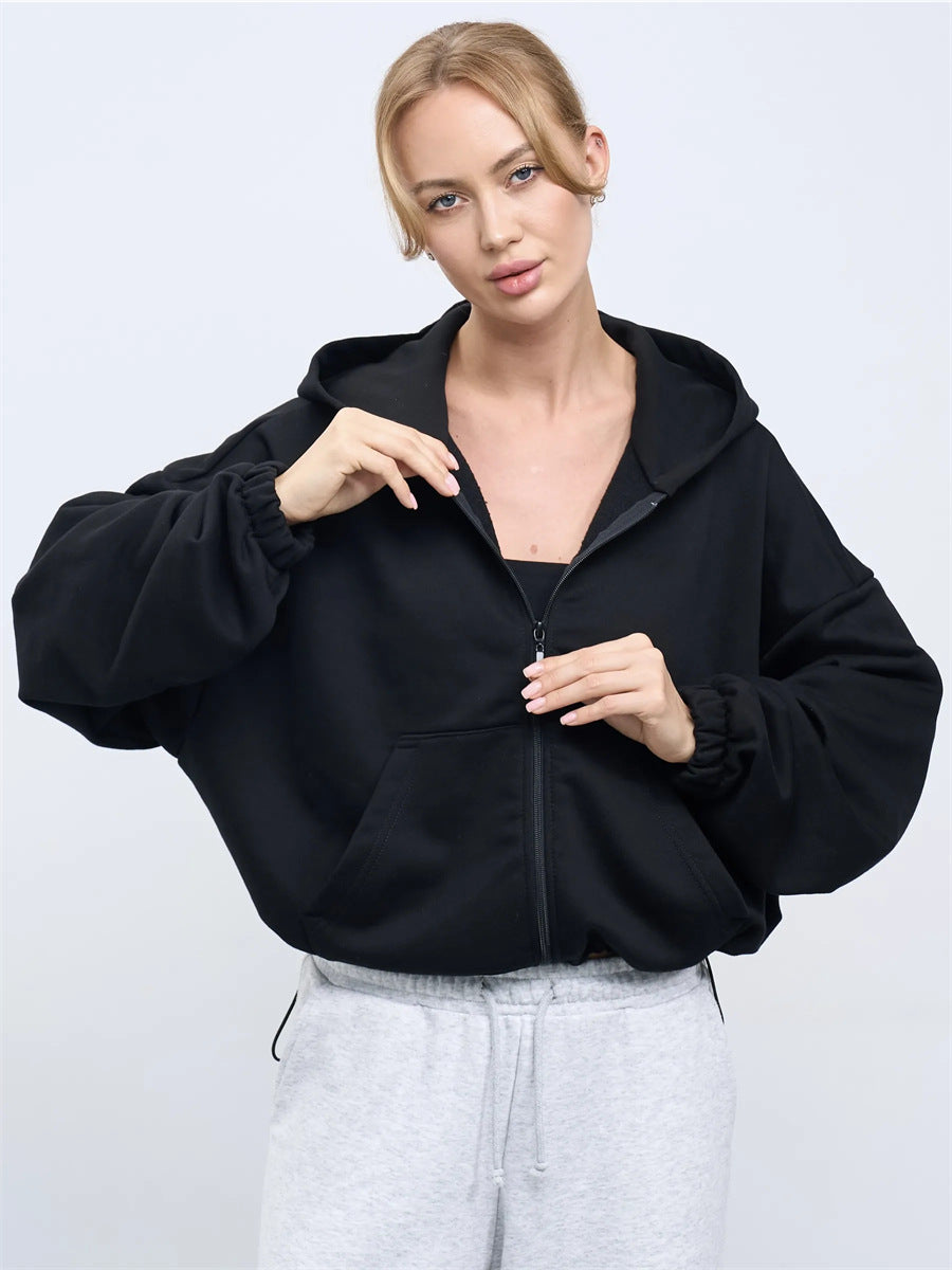 Damen legeres Cropped-Fleece-Hoodie mit Tunnelzugbund, Raglanärmeln und Reißverschluss Nord Taschen