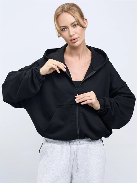 Damen legeres Cropped-Fleece-Hoodie mit Tunnelzugbund, Raglanärmeln und Reißverschluss Nord Taschen