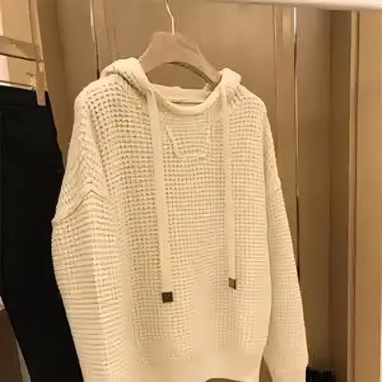 Damen Grob gestrickter Kapuzenpullover mit Waffelstruktur und Kordelzug Nord Taschen