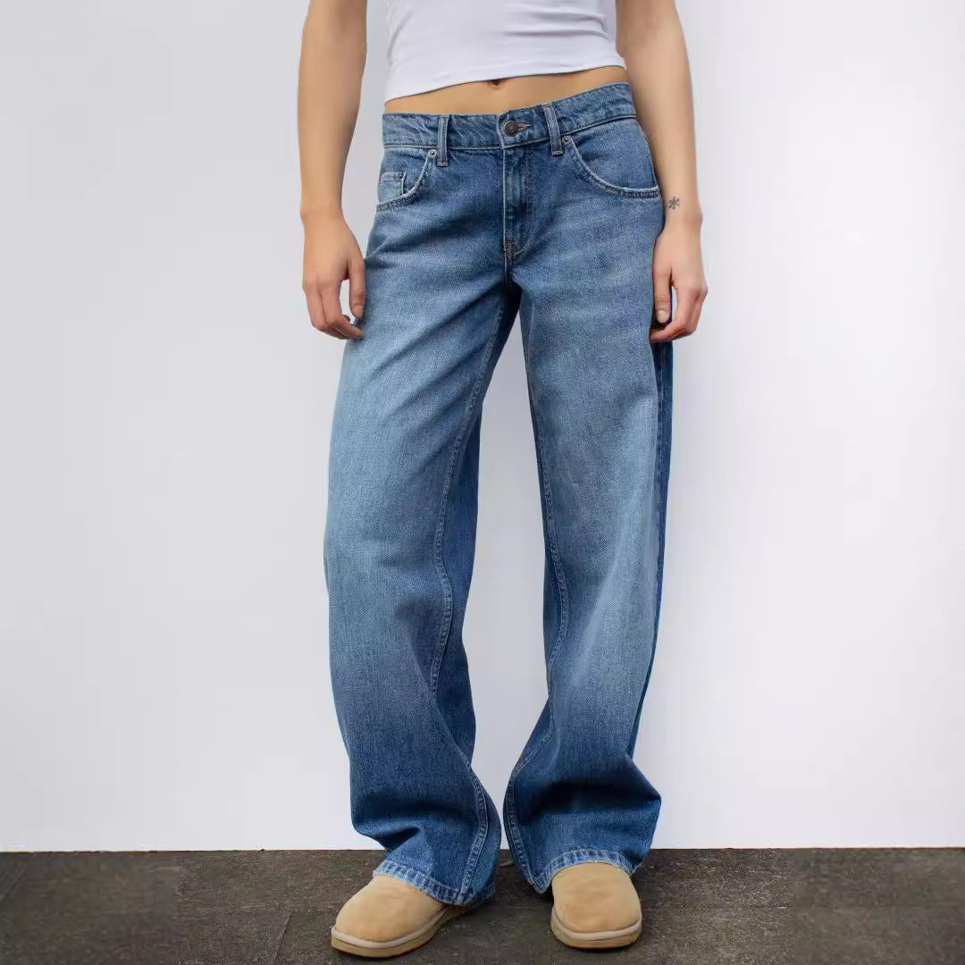 Damen weites Denim Hosenmodell mit tiefem Bund und weitem Schlag Nord Taschen