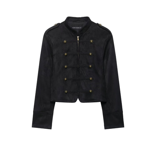 Damen Kurze Veloursjacke im Budapester‑Militärstil mit Stehkragen und dekorativen Metallknöpfen Nord Taschen