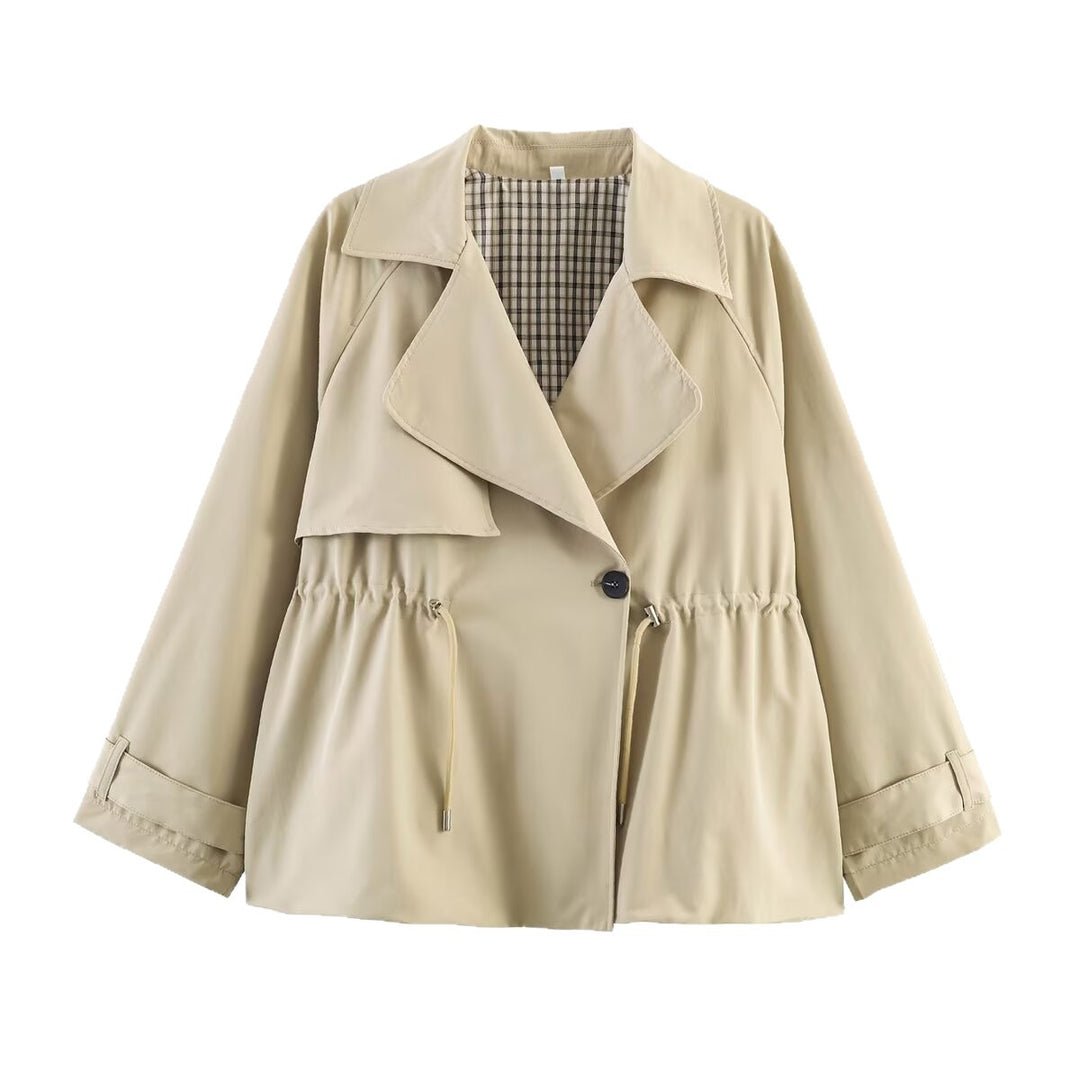 Damen Kurze Übergangsjacke mit Tunnelzugtaillierung, weitem Revers und kariertem Futter Nord Taschen