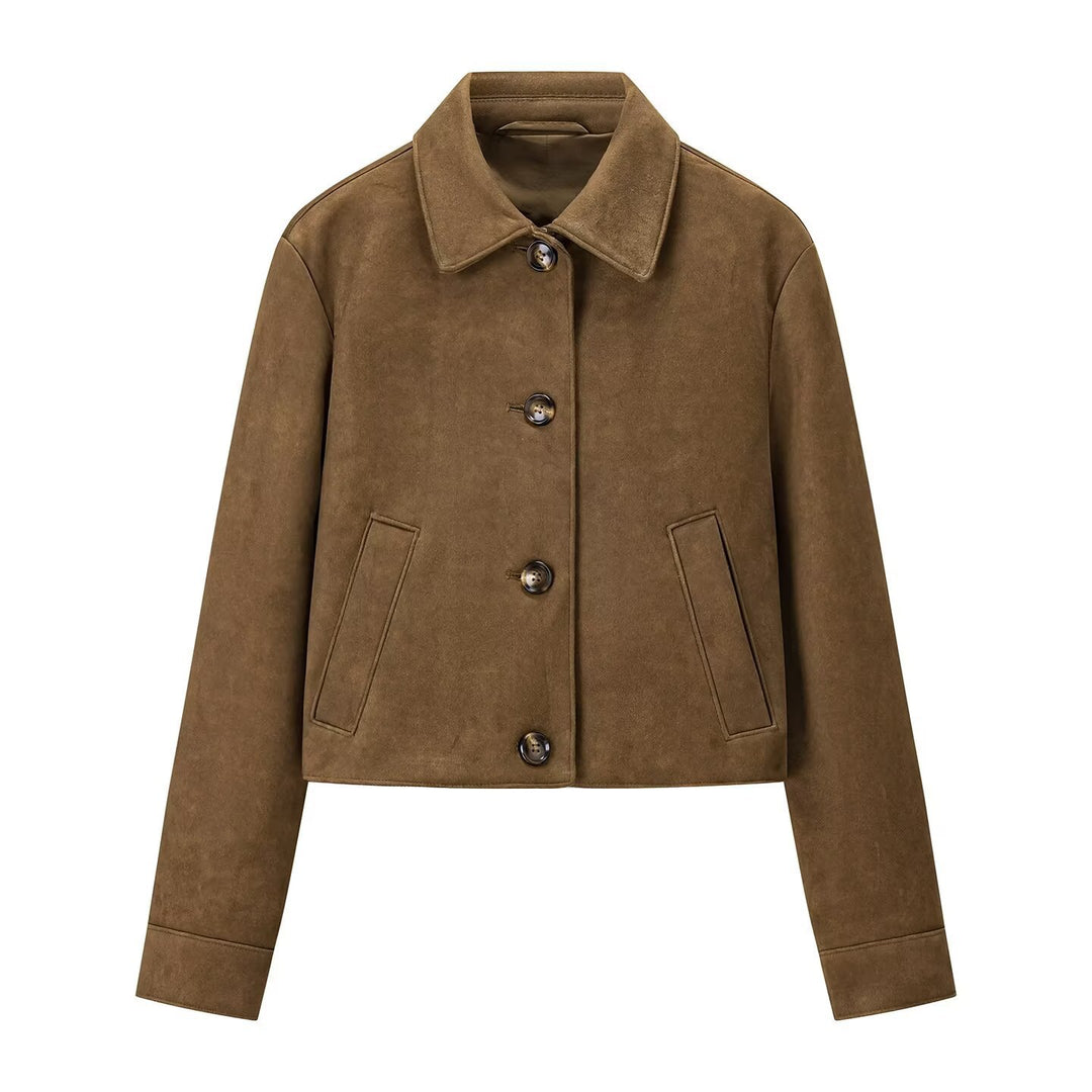 Damen kurz geschnittene Veloursleder‑Optik Jacke mit Hemdkragen und Knopfleiste Nord Taschen