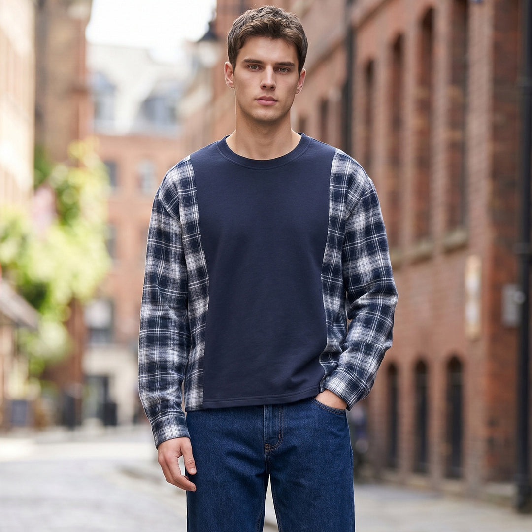 Herren Langarmshirt im Lagenlook mit karierter Flanell-Einsätzen Nord Taschen
