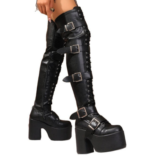 Damen Overknee Stiefel mit modischen Schnallen und hochmodernem Plateau Nord Taschen