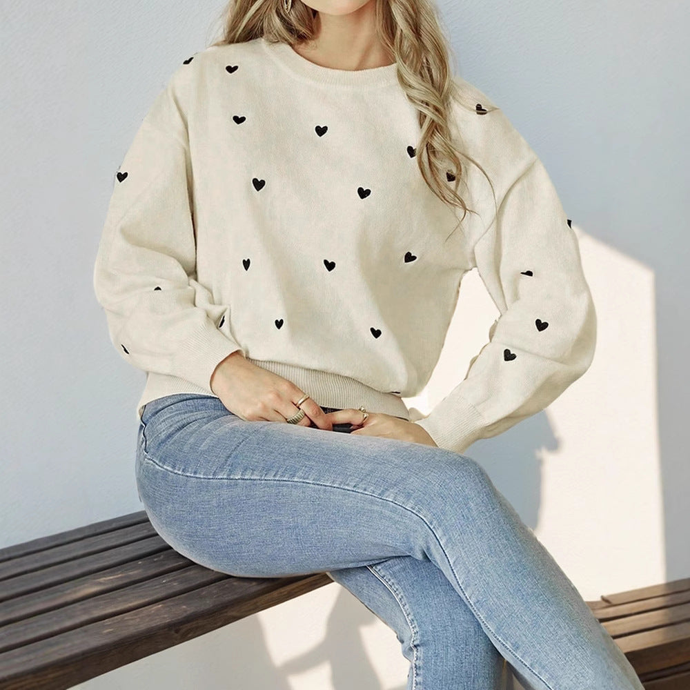 Damen Lockerer Feinstrickpullover mit Herzchen-Allover, Rundhalsausschnitt und elastischem Saum Nord Taschen