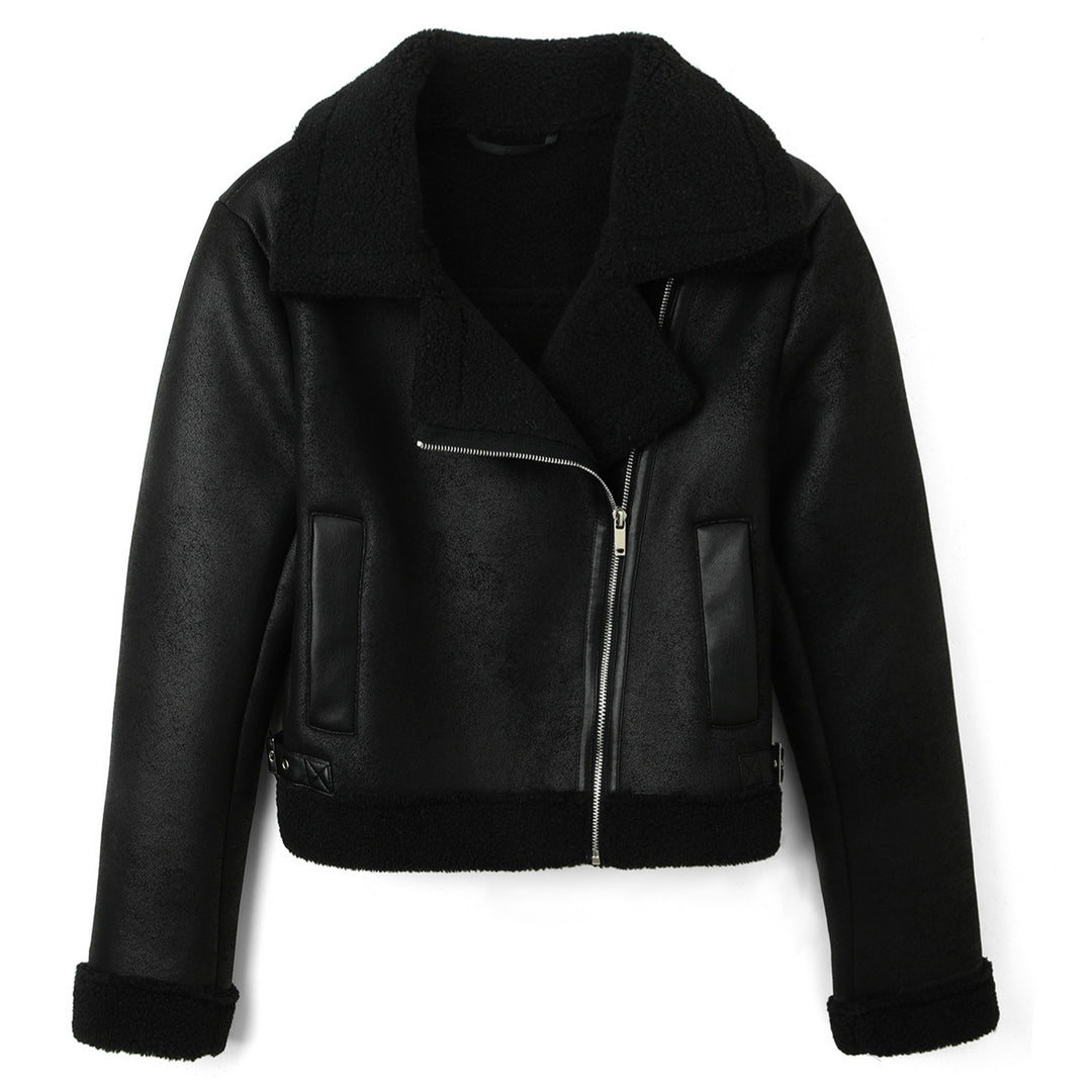 Damen Cropped-Fliegerjacke aus Lammfelloptik mit asymmetrischem Reißverschluss Nord Taschen