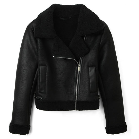 Damen Cropped-Fliegerjacke aus Lammfelloptik mit asymmetrischem Reißverschluss Nord Taschen
