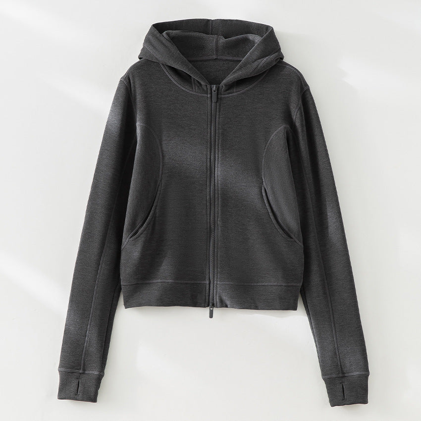 Damen Cropped Kapuzenjacke mit Reißverschluss und konturierten Eingrifftaschen Nord Taschen