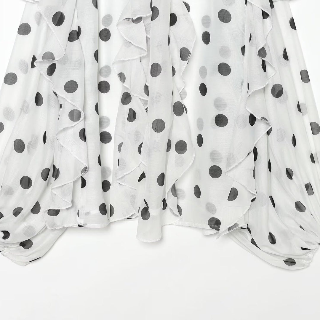 Damen Transparente Polka-Dot Chiffon-Bluse mit XXL-Volants und Schleifenkragen Nord Taschen