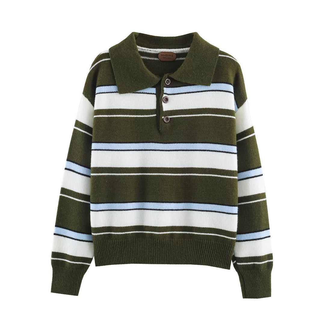 Damen Gestreifter Polokragen-Pullover mit Knopfleiste und Rippbündchen Nord Taschen
