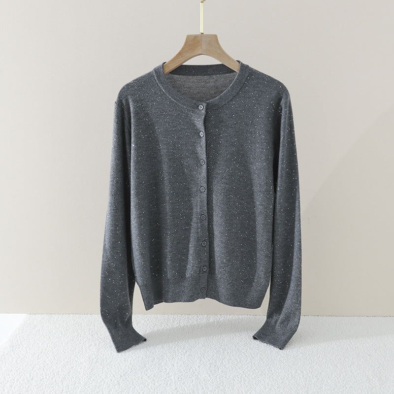 Damen Feiner Rundhals-Cardigan aus leichtem Feinstrick mit Perlmuttknopfleiste und dezentem Glitzereffekt Nord Taschen