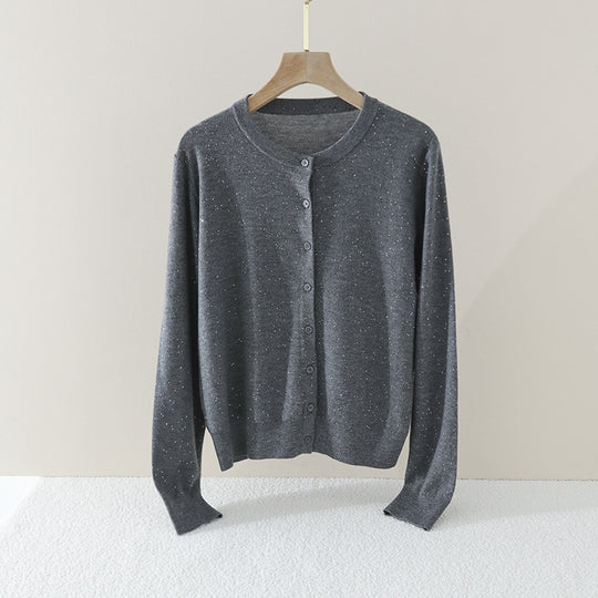Damen Feiner Rundhals-Cardigan aus leichtem Feinstrick mit Perlmuttknopfleiste und dezentem Glitzereffekt Nord Taschen