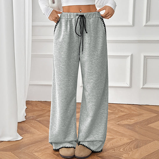 Damen Weite Relax-Fleece-Hose mit hohem Bund, Kordelzug und Zierstich-Details Nord Taschen