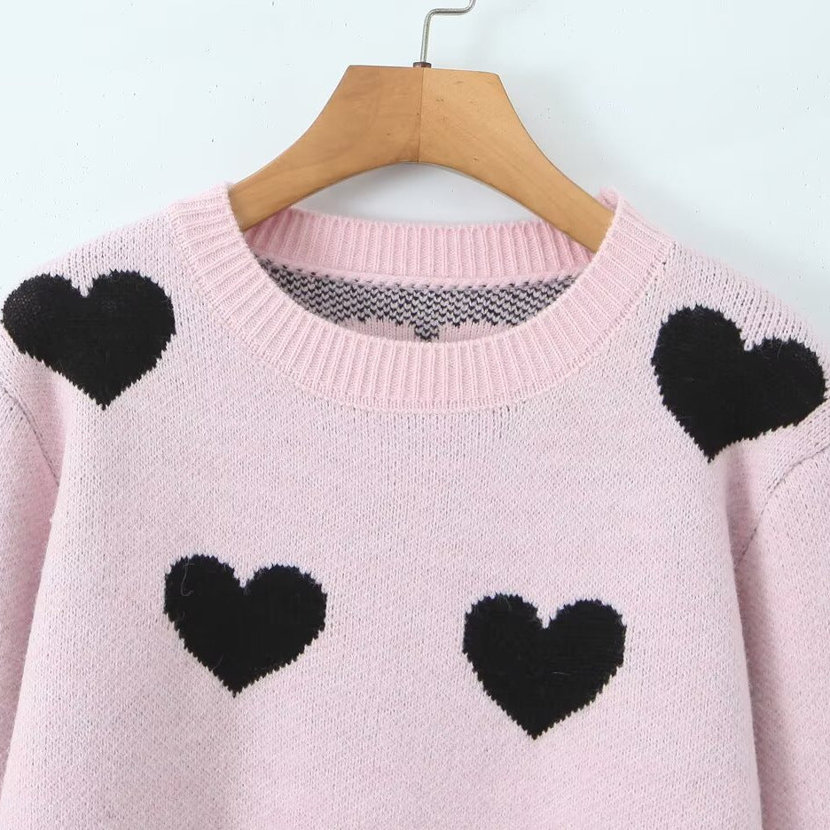 Damen Herz-Intarsien-Pullover mit Rundhalsausschnitt und legerer Passform Nord Taschen