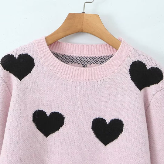 Damen Herz-Intarsien-Pullover mit Rundhalsausschnitt und legerer Passform Nord Taschen