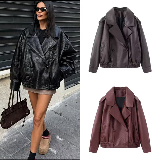 Damen Oversized Kunstlederjacke mit großem Revers, doppelreihiger Druckknopfleiste und elastischem Saum Nord Taschen