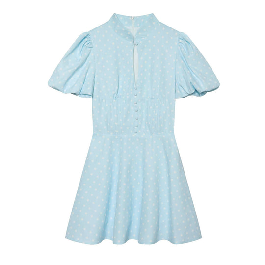 Damen Gepunktetes A‑Linien‑Kleid mit Stehkragen, Taillierung und Ballonärmeln Nord Taschen