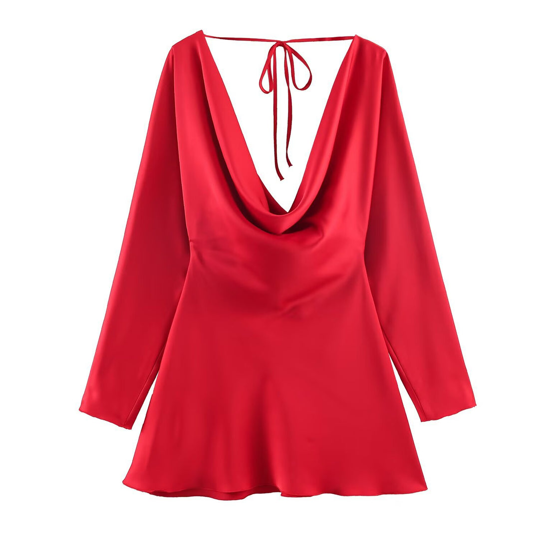 Damen Kurzes Satin-Minikleid mit tiefem Wasserfall‑Rücken, V‑Ausschnitt vorne und langen Ärmeln Nord Taschen