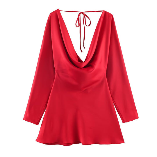 Damen Kurzes Satin-Minikleid mit tiefem Wasserfall‑Rücken, V‑Ausschnitt vorne und langen Ärmeln Nord Taschen