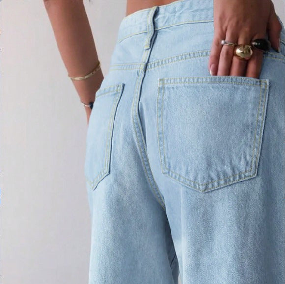 Damen Weite Denim-Culotte mit hohem Bund, Distressed-Details und rohem Saum Nord Taschen