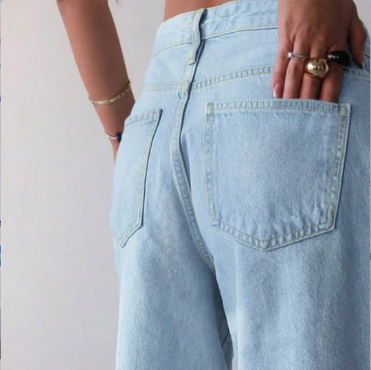 Damen Weite Denim-Culotte mit hohem Bund, Distressed-Details und rohem Saum Nord Taschen