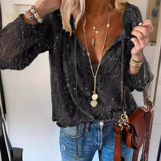 Damen Elegante und feminine Bluse mit V-Ausschnitt und Spitzenakzenten