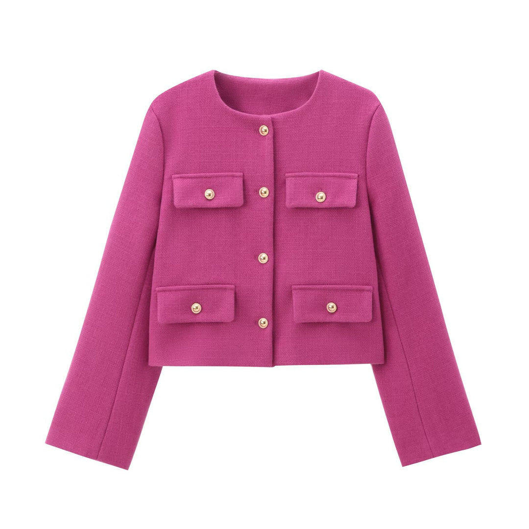 Damen Bouclé-Cropped-Jacke mit vier Pattentaschen und goldenen Schmuckknöpfen Nord Taschen