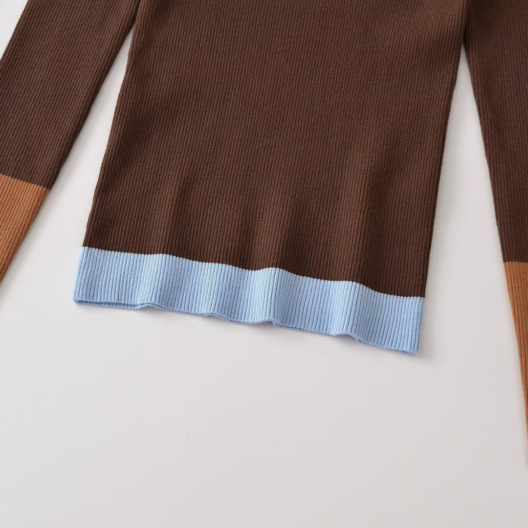 Damen Figurbetonter Rippstrick-Pullover mit Polokragen, Knopfleiste und Colorblock-Details Nord Taschen