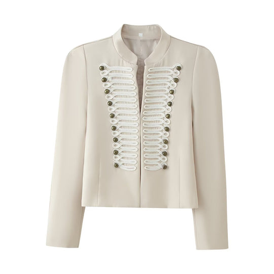 Damen Cropped‑Blazer im Militärstil mit Stehkragen und Zierkordierungen Nord Taschen