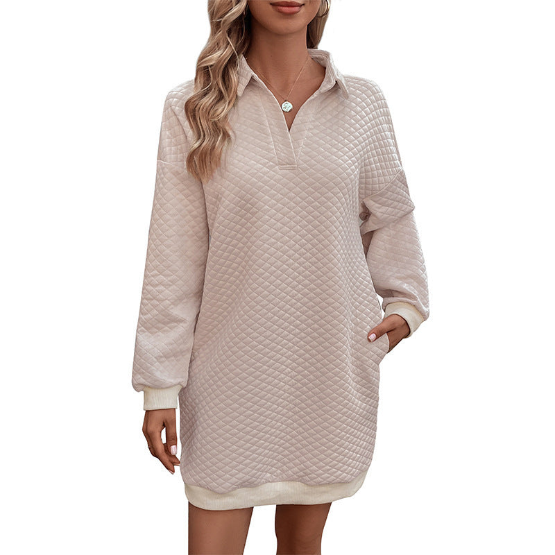 Damen Gesteppte Sweatkleid-Tunika mit Polokragen und geripptem Saum Nord Taschen