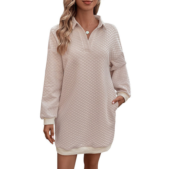 Damen Gesteppte Sweatkleid-Tunika mit Polokragen und geripptem Saum Nord Taschen