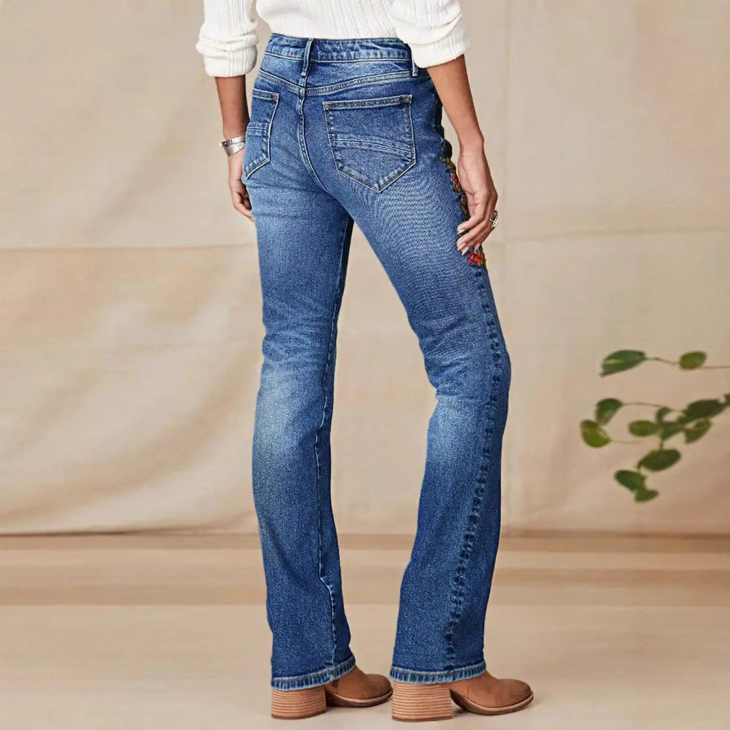 Damen Bootcut-Jeans mit seitlicher Blumenstickerei und komfortablem Stretchbund Nord Taschen