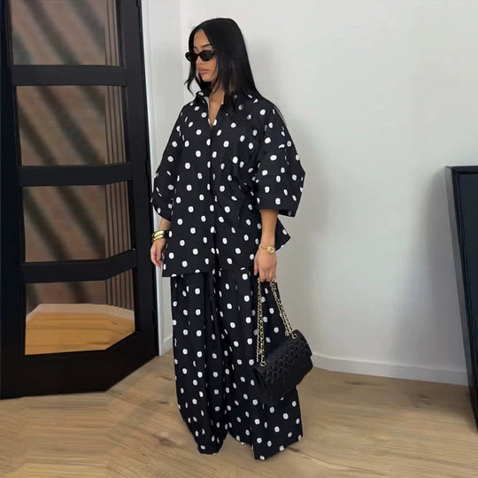 Damen Zweiteiliges Oversize-Blusen und Palazzo-Hosen Set mit Punktmuster Nord Taschen