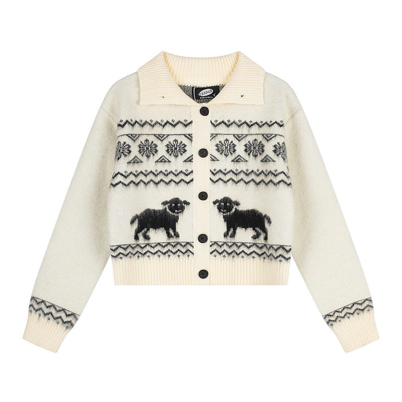 Damen Kurzgeschnittene Strickjacke im Norweger-Jacquard mit Reverskragen und Knopfverschluss Nord Taschen