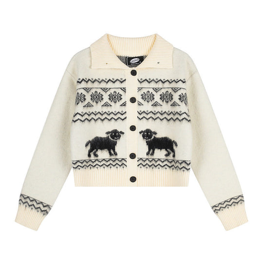 Damen Kurzgeschnittene Strickjacke im Norweger-Jacquard mit Reverskragen und Knopfverschluss Nord Taschen
