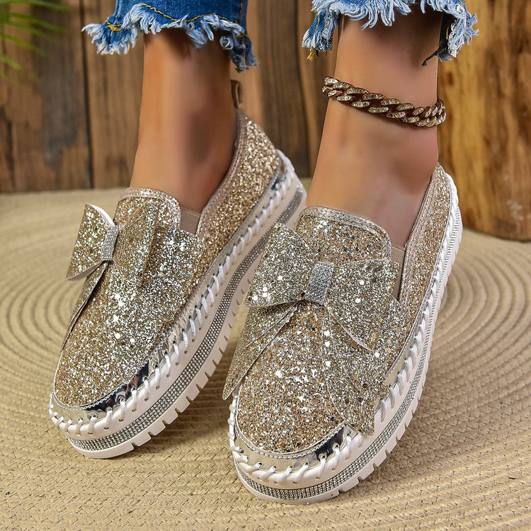 Damen Glitzer-Plateau-Slipper mit Schleifenapplikation und profilierter Komfortsohle Nord Taschen