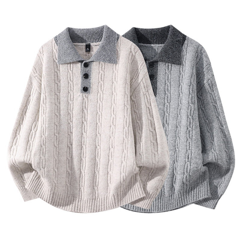 Herren Oversize Zopfmuster-Polo-Strickpullover mit Kontrastkragen und Dreiknopfleiste Nord Taschen