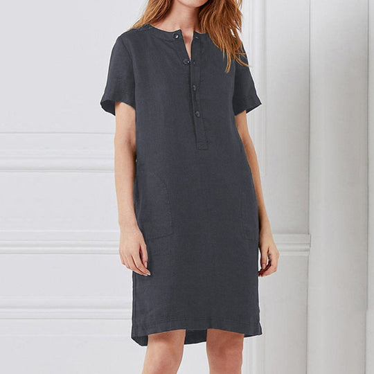 Damen lässiges Leinenkleid mit Knopfleiste und praktischen Taschen