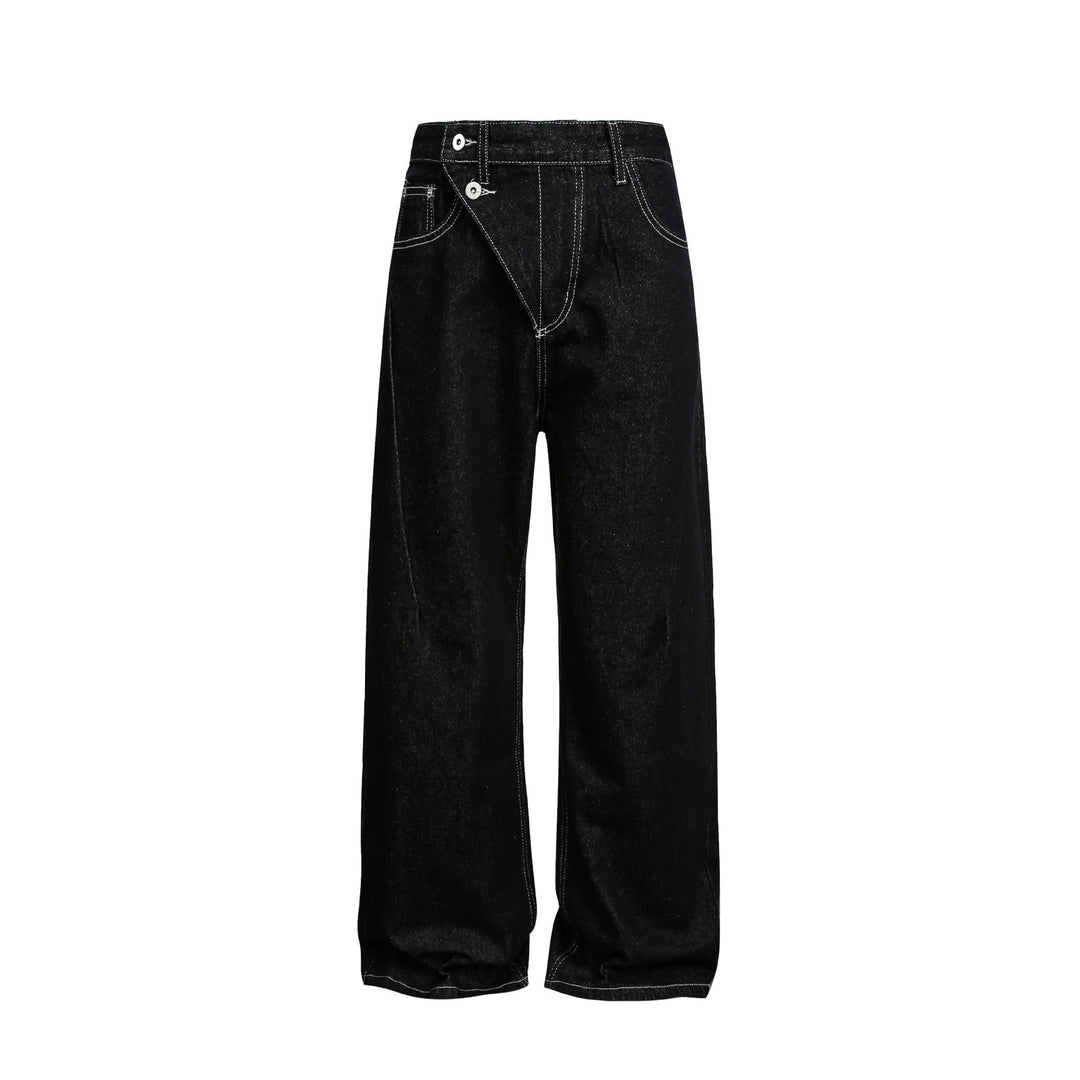 Damen Weite High-Waist Jeanshose mit asymmetrischem Knopfverschluss und Kontrastnähten Nord Taschen