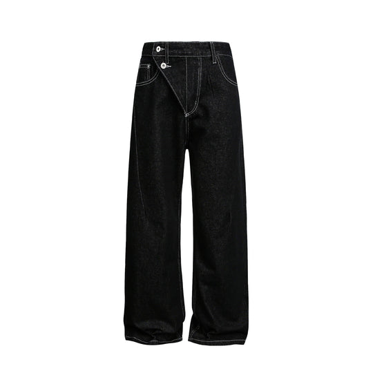 Damen Weite High-Waist Jeanshose mit asymmetrischem Knopfverschluss und Kontrastnähten Nord Taschen