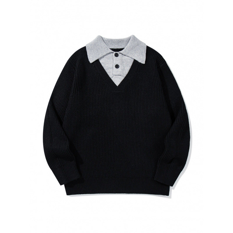 Unisex Grobstrick-Kastenpullover mit V-Ausschnitt und kontrastierendem Polo-Knopfkragen Nord Taschen