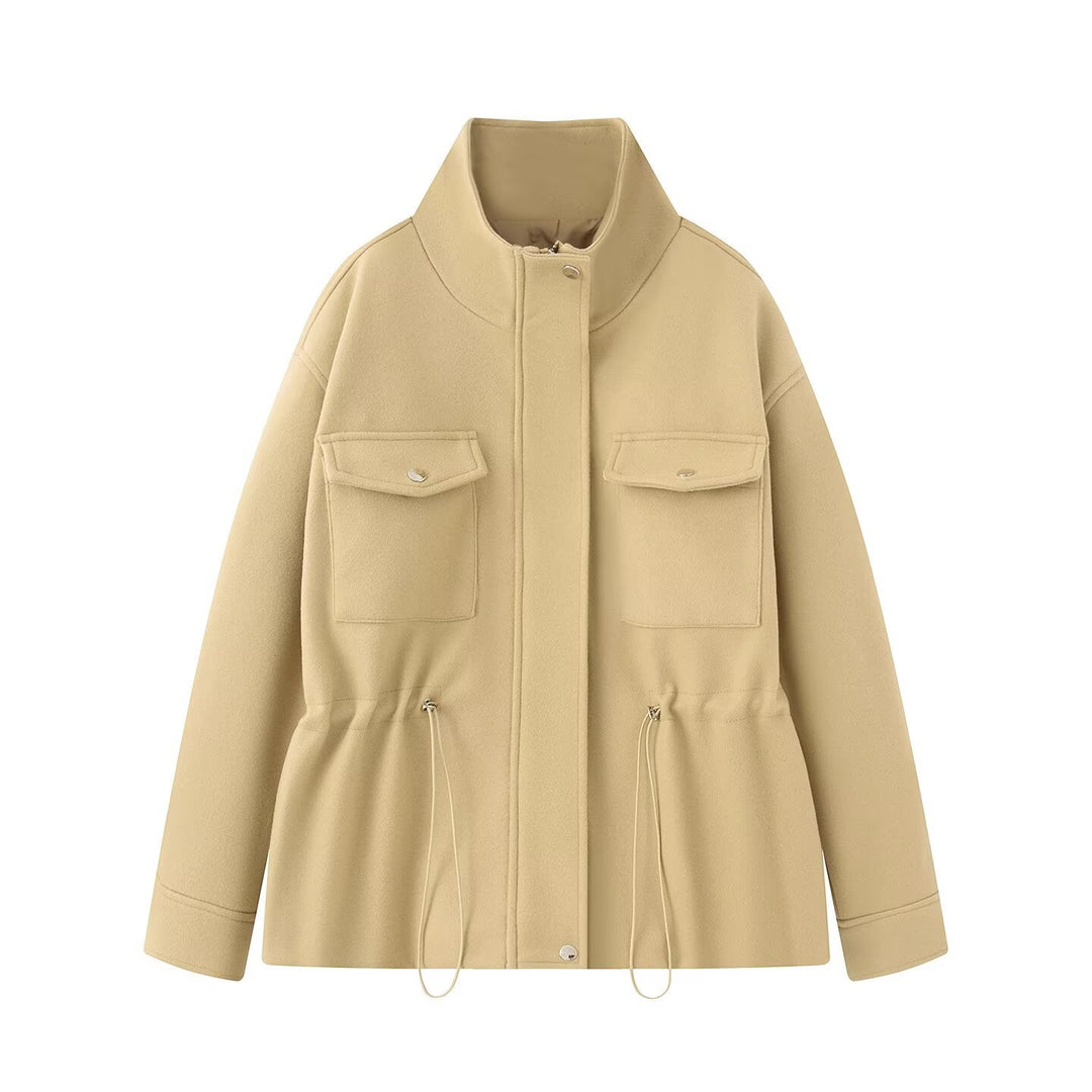 Damen Wollmix-Fieldjacke mit Stehkragen, aufgesetzten Brusttaschen und Kordelzug-Taille Nord Taschen