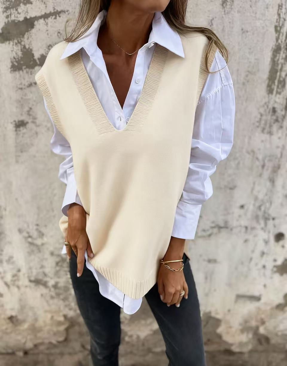 Damen lässiger Strickpullover mit V-Ausschnitt